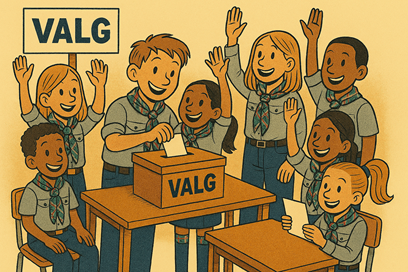 Tegning av speidere i speiderskjorter og speiderskjerf avgir stemme ved valg